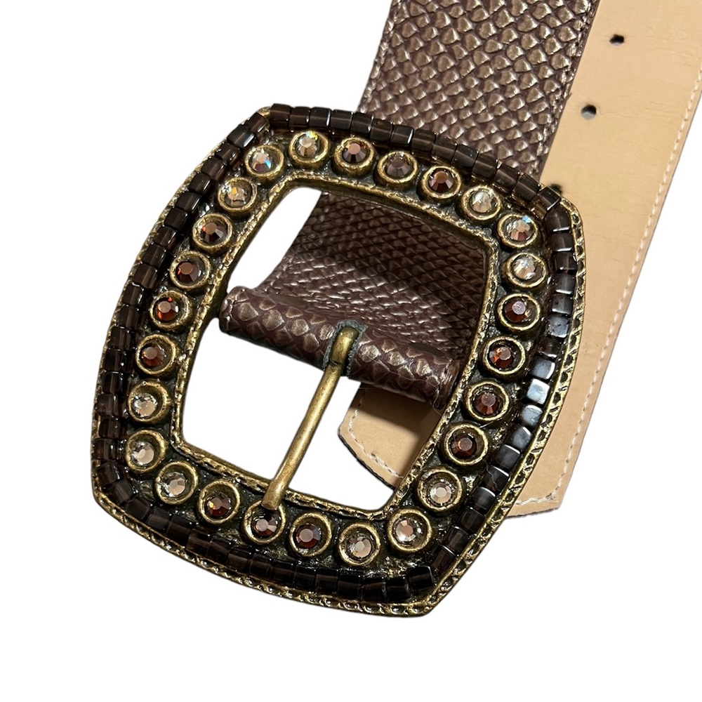 Cache Brown Genuine Leather Rhinestone Embellished Buckle Brown Belt - Picture 3 of 5